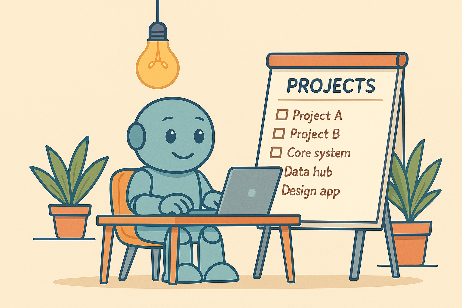 Namero sits at a laptop beneath a lightbulb, next to a flipchart titled “Projects” listing items like “Project A,” “Core system,” and “Design app” – representing organized project planning.