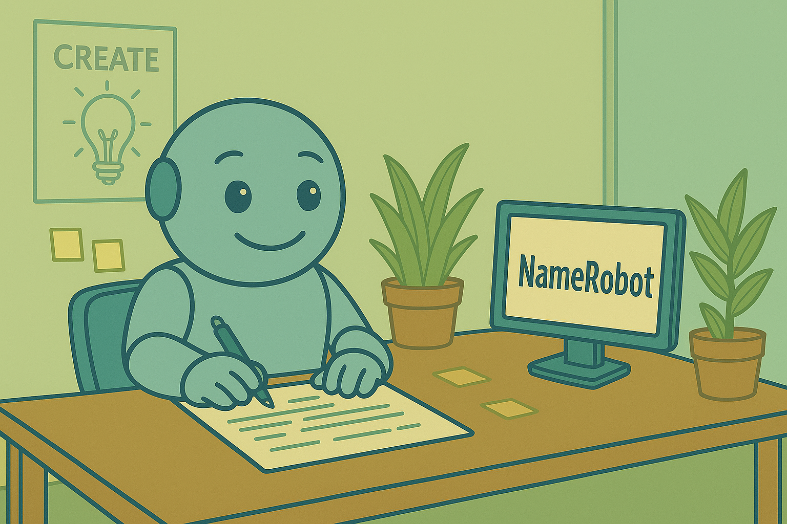 Friendly robot writing down name ideas, next to a screen showing the NameRobot logo