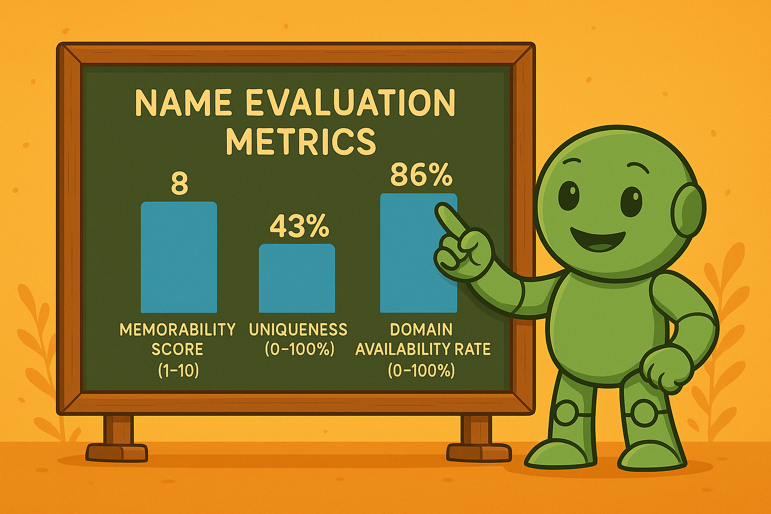 Namero stands beside a chalkboard showing bar charts for “Memorability Score,” “Uniqueness,” and “Domain Availability Rate.” The name scores 8/10 in memorability, 43% in uniqueness, and has 86% domain availability.