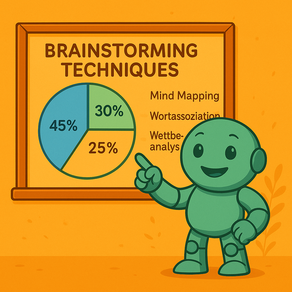 Namero points to a board with a pie chart showing brainstorming methods: mind mapping (45%), word association (30%), and competitive analysis (25%).