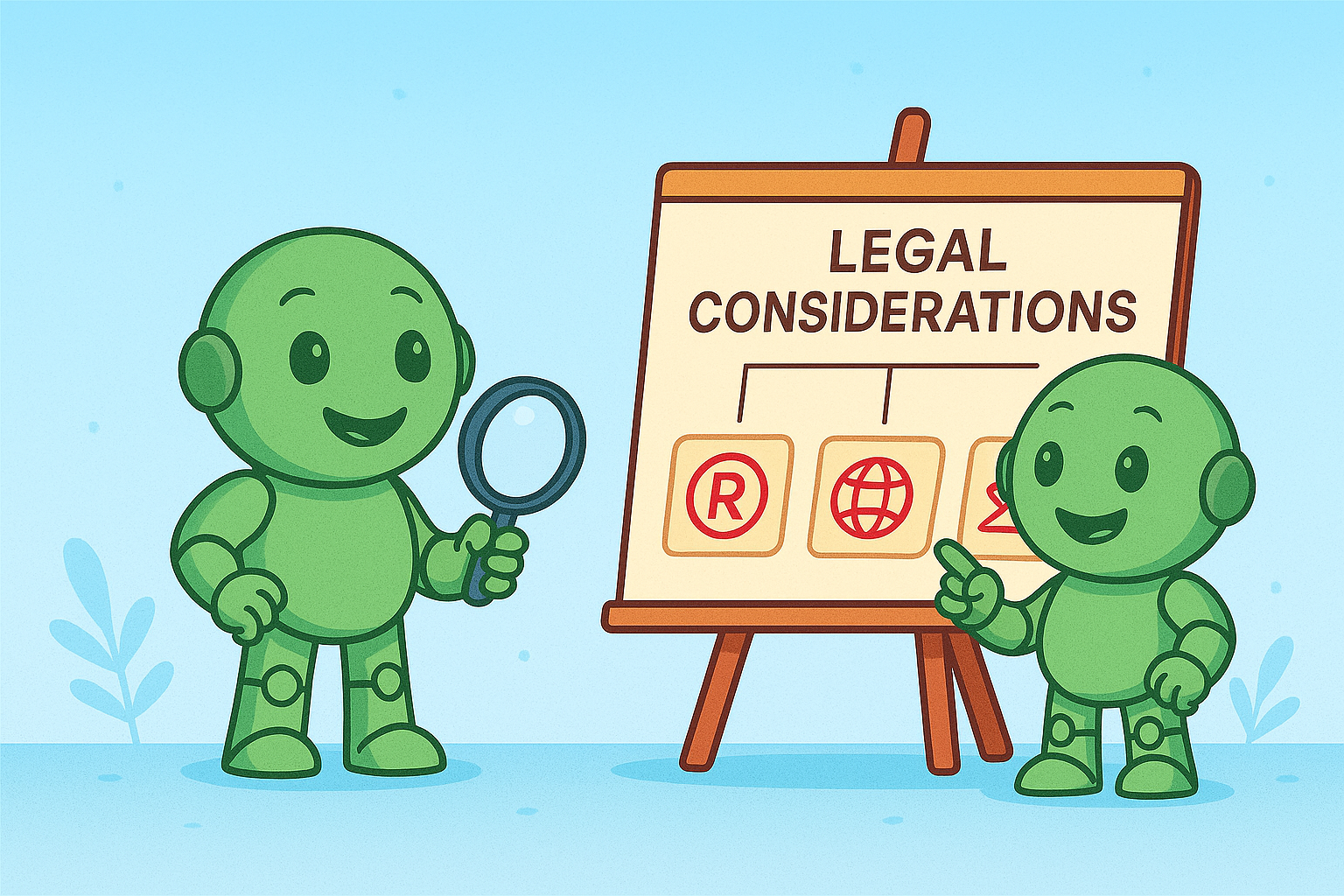 Two Namero robots are standing in front of a flipchart labeled “Legal Considerations”. The chart shows symbols for trademark protection, global domain check, and legal review. One robot is holding a magnifying glass.