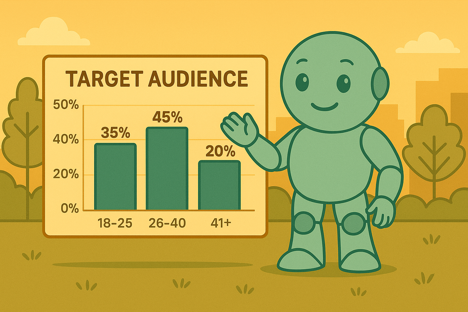 Namero stands outdoors in front of a chart titled “Target Audience”, displaying age groups 18–25 (35%), 26–40 (45%), and 41+ (20%) – representing data-driven audience analysis in branding.