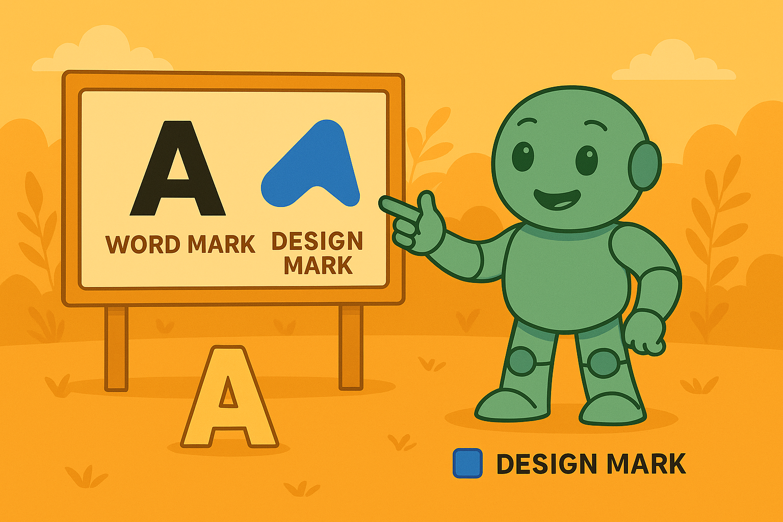 Namero points to a sign showing a bold “A” for a word mark and a stylized blue logo for a design mark – clearly illustrating the difference between trademark types.
