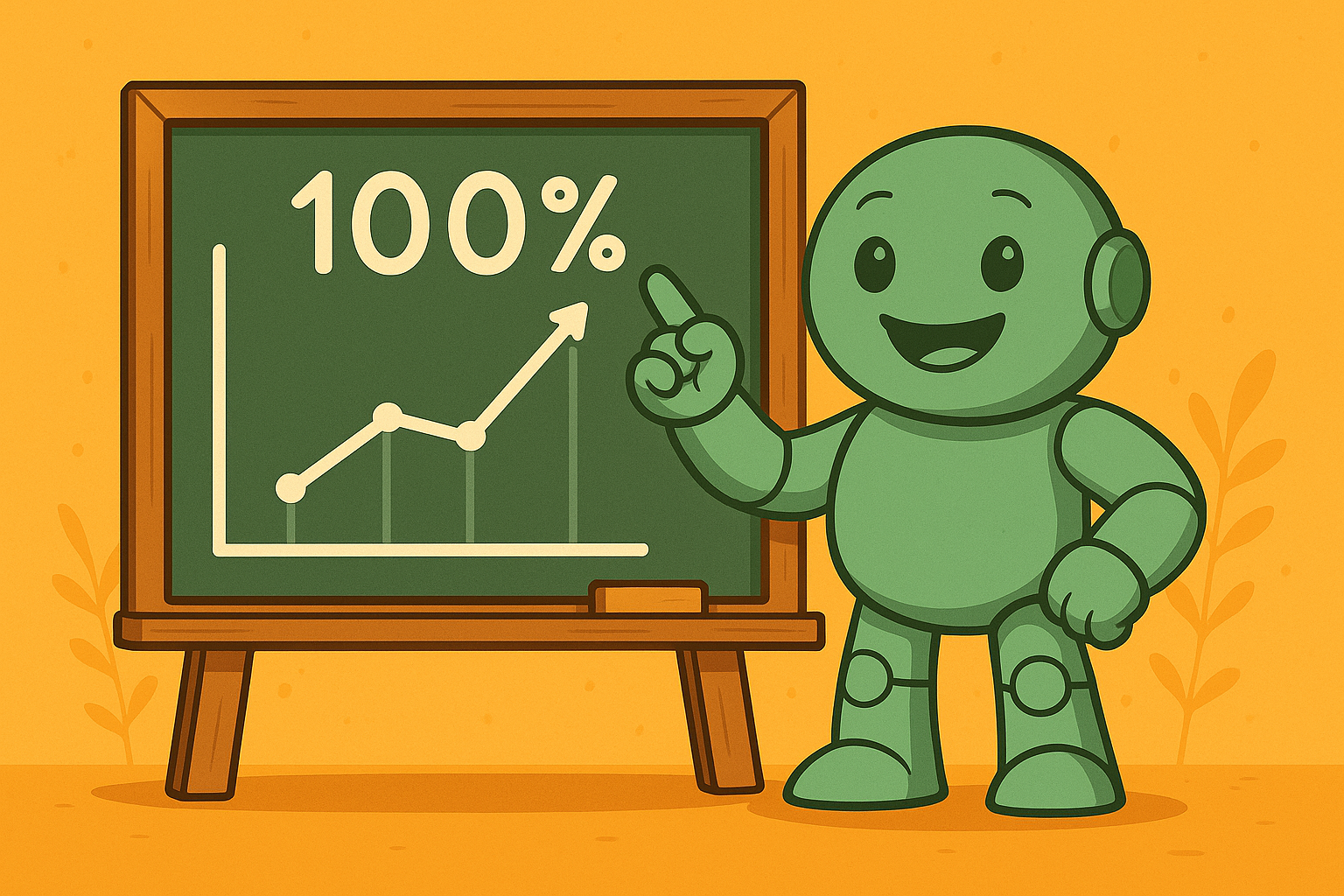 Namero points to a chalkboard with a rising graph and the text “100%” – representing perfect success in the naming process.