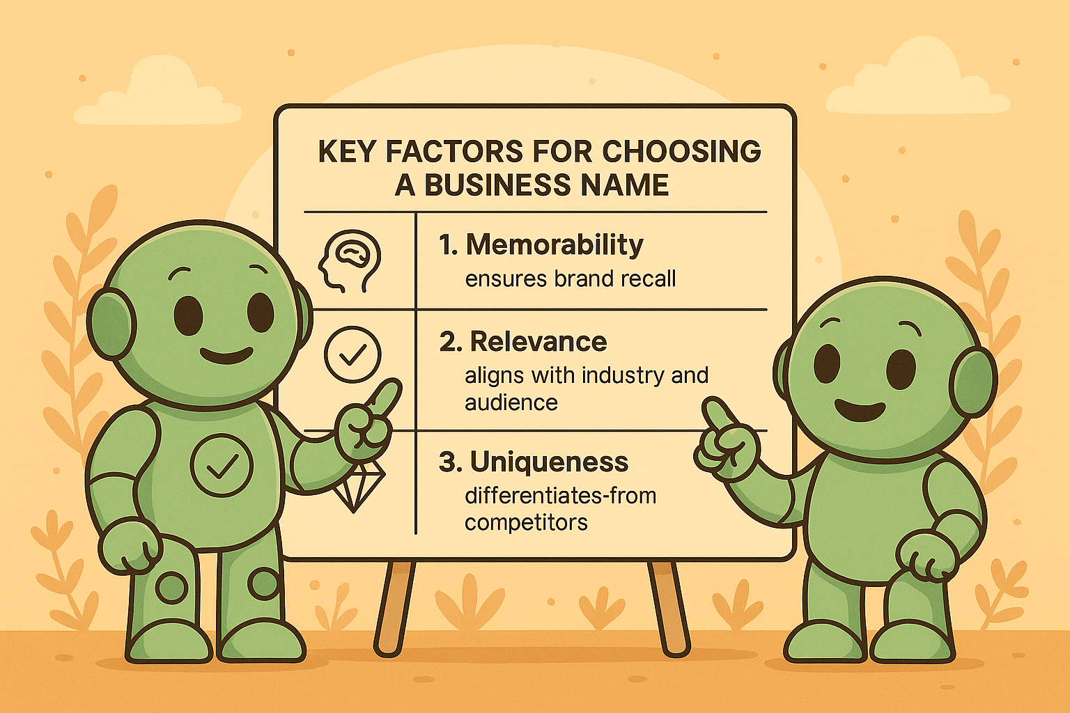 Two Namero robots stand in front of a flipchart listing three points: 1. Memorability – ensures brand recall, 2. Relevance – aligns with industry and audience, 3. Uniqueness – differentiates from competitors. Both robots point to the board and look pleased.