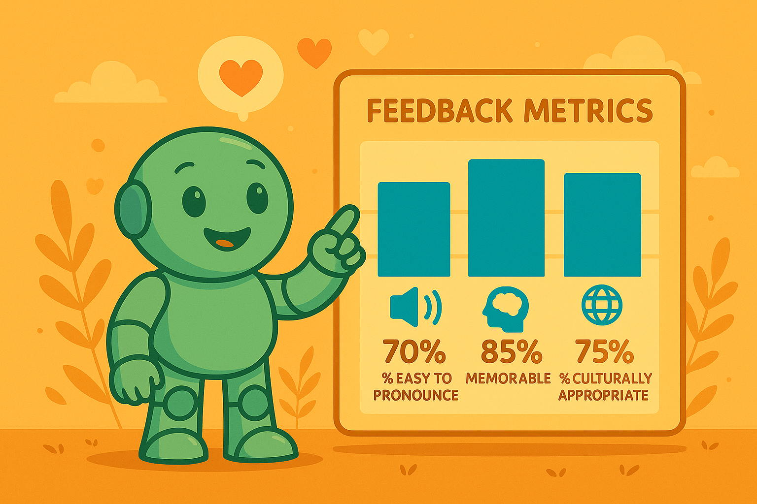 Namero stands in front of a chart showing how a brand name scored: 70% easy to pronounce, 85% memorable, and 75% culturally appropriate.