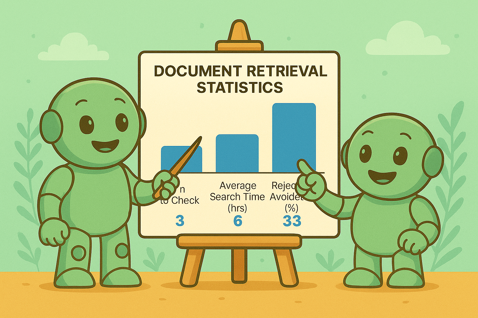 Two Namero robots present a chart with a bar graph showing document retrieval statistics: 3 documents to check, 6 hours average search time, and 33% rejections avoided. Both robots smile and point to the data while explaining it.