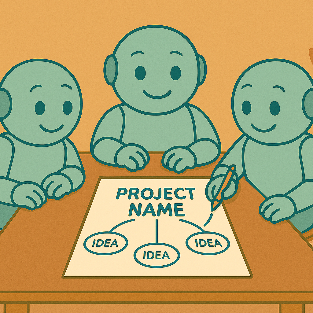 Three Namero robots sit around a sheet labeled “Project Name”, branching into three “IDEA” bubbles – symbolizing a structured and collaborative naming process.