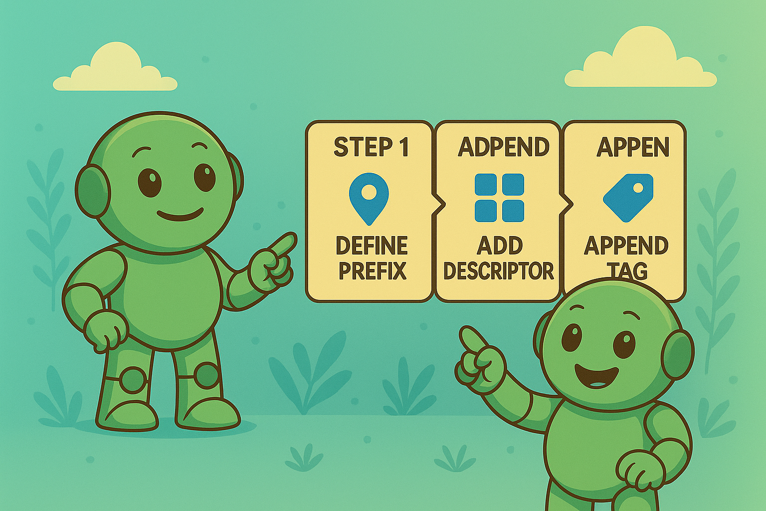 Two Namero robots point to a three-part flow chart outlining naming steps: 1. Define prefix, 2. Add descriptor, 3. Append tag. The robots appear helpful and informative.