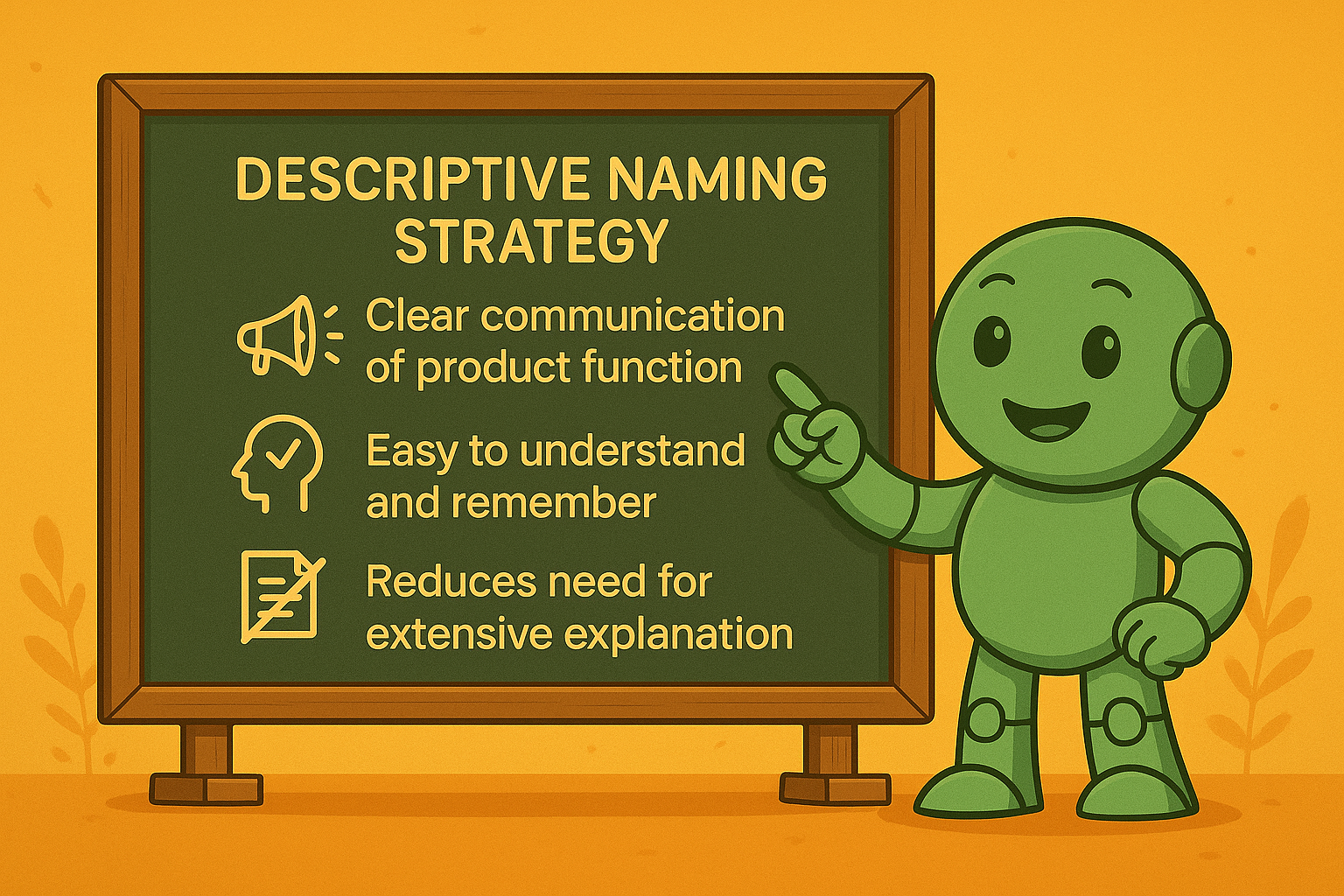 Namero stands in front of a chalkboard listing the benefits of descriptive naming: clear communication of product function, easy to understand and remember, and reduced need for extensive explanation.