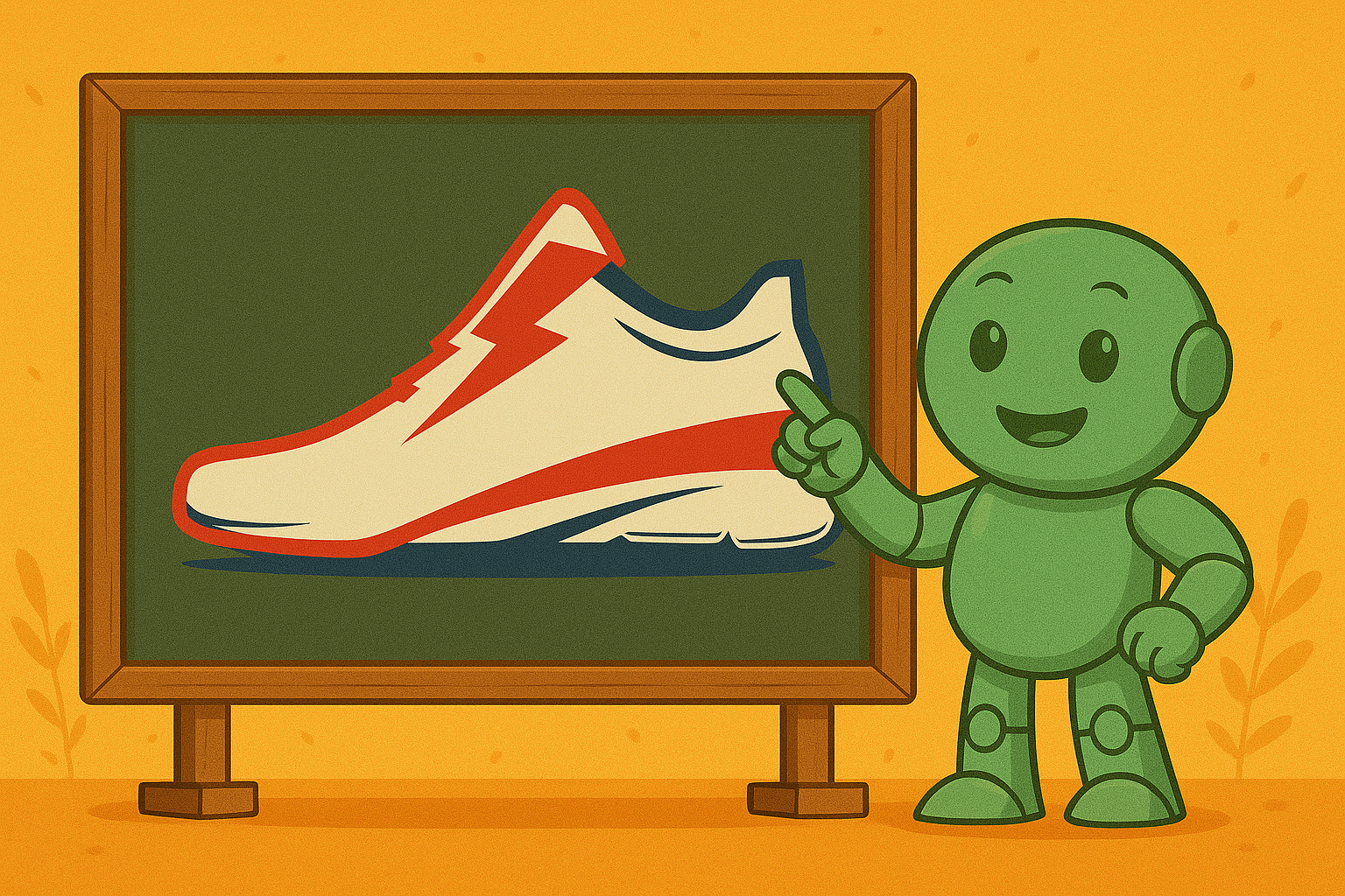 Namero points at a chalkboard showing a stylized sneaker with a lightning symbol – illustrating metaphorical or suggestive brand naming.
