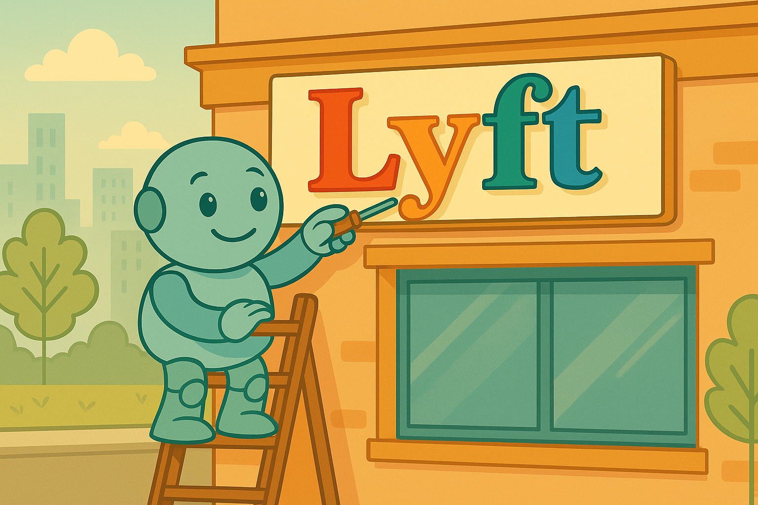 Namero stands on a ladder painting the colorful letters of the brand name “Lyft” on a shop sign – symbolizing branding, creative naming, or rebranding efforts.