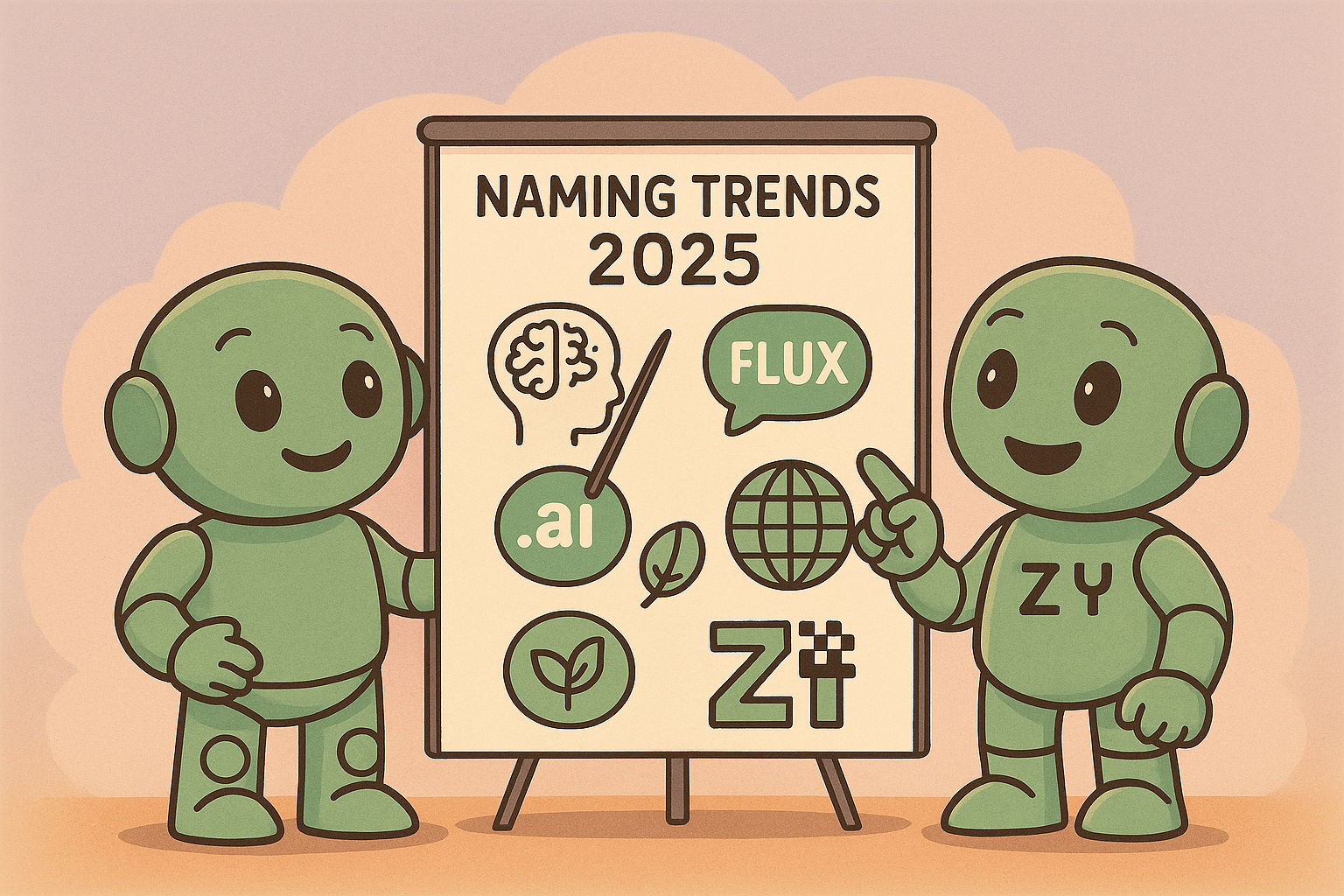 Two Namero robots stand in front of a flipchart titled “Naming Trends 2025”. The board shows symbols like “.ai”, “FLUX”, a globe, a leaf, and the ZY sign. One of the robots has “ZY” on its arm.