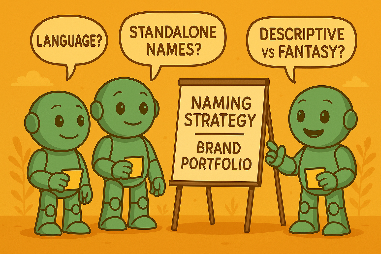 Three Nameros robots are discussing in front of a flipchart titled “Naming Strategy – Brand Portfolio”. They hold cards and ask questions like “Language?”, “Standalone Names?”, and “Descriptive vs Fantasy?” – symbolizing strategic brand naming considerations.