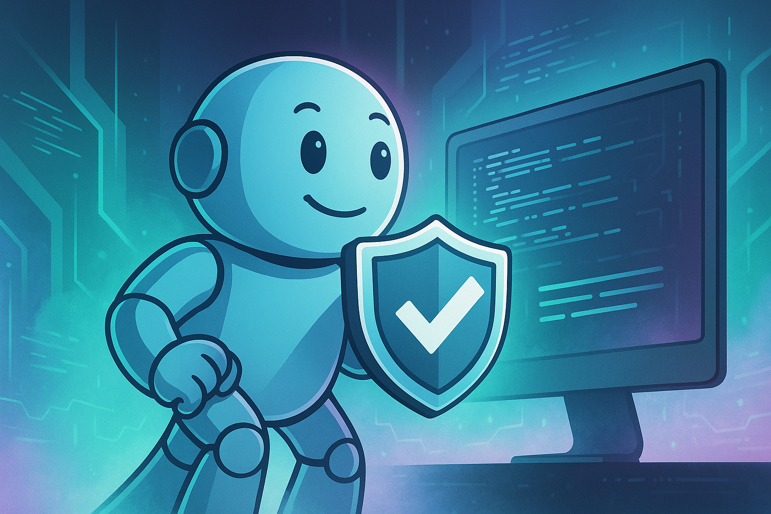 Namero stands in front of a computer screen displaying code, holding a shield with a checkmark – representing cybersecurity, data protection, or secure software development.