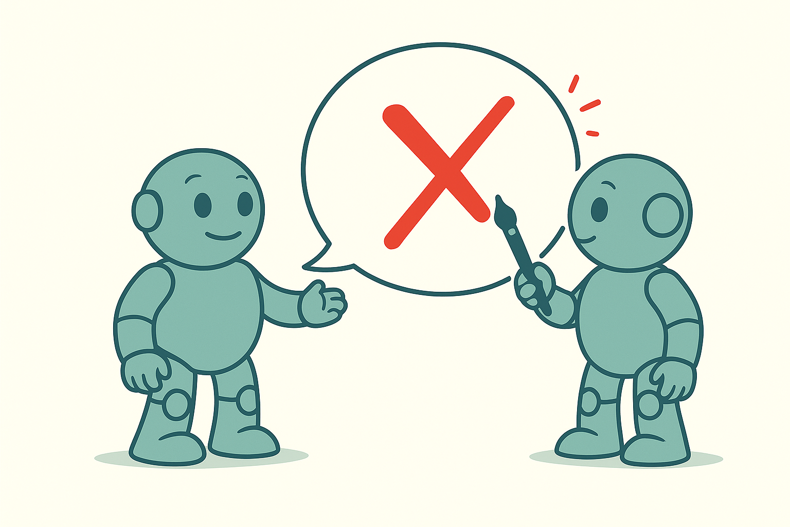 Two Namero robots face each other. One points with a marker to a large red X in a speech bubble – symbolizing rejection, a warning, or the importance of avoiding problematic name choices.