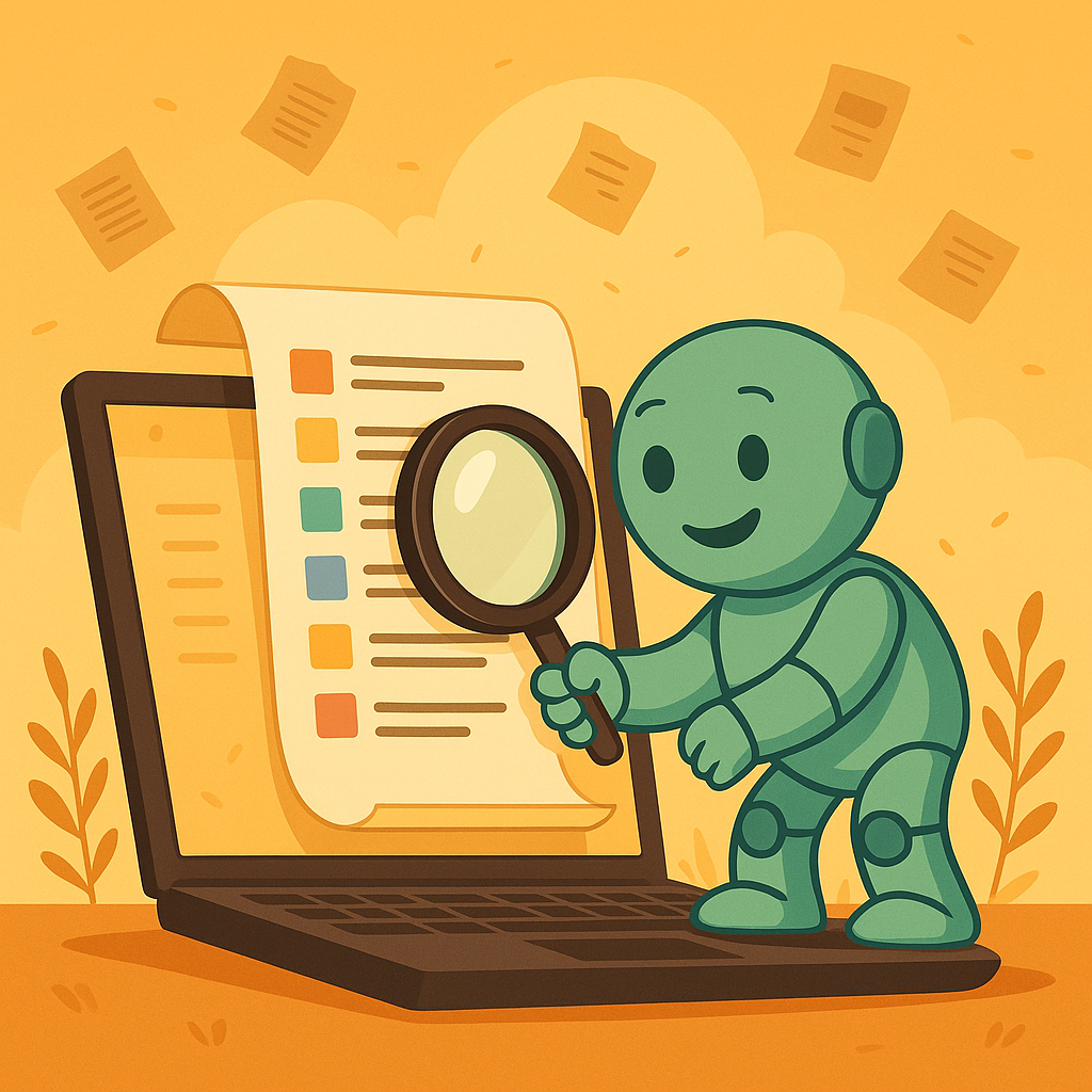 Namero uses a magnifying glass to examine a color-coded document on a laptop – symbolizing structured online name and trademark checks.