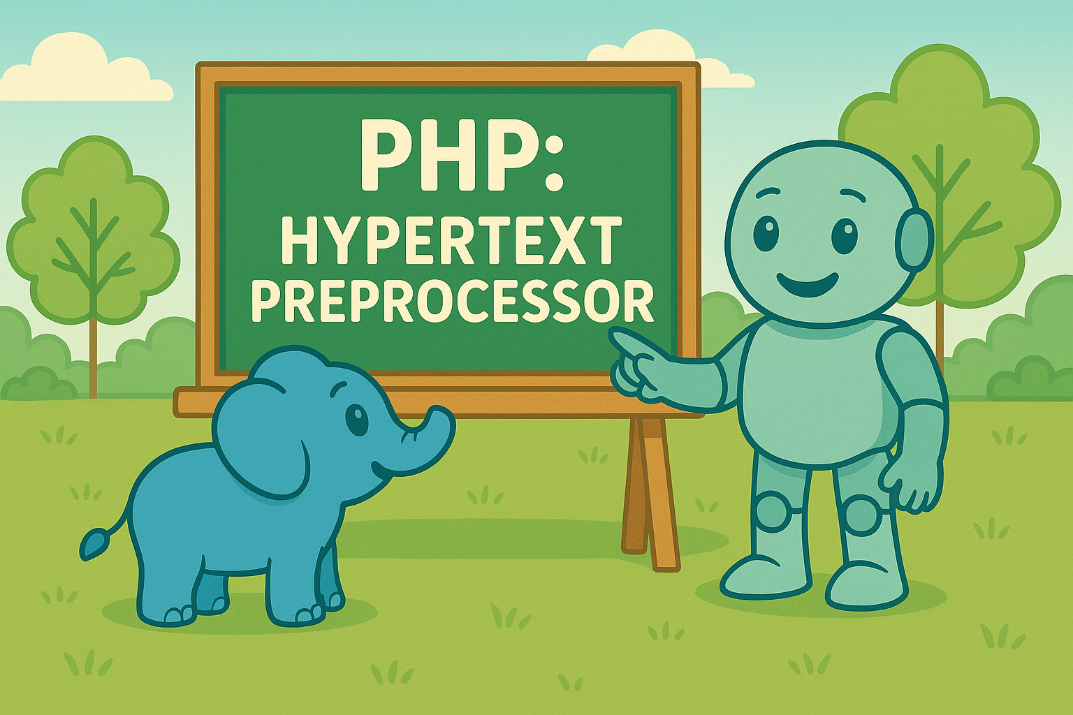 Namero the robot stands next to an elephant in front of a blackboard showing “PHP: Hypertext Preprocessor” – a playful take on the origin of the PHP programming language name.