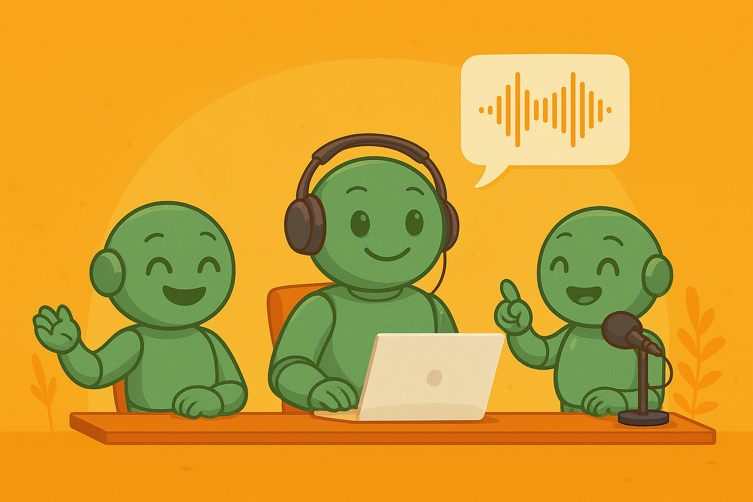 Three Nameros sitting at a table, one wearing headphones and working on a laptop, the others talking into a microphone – symbolic podcast recording scene.