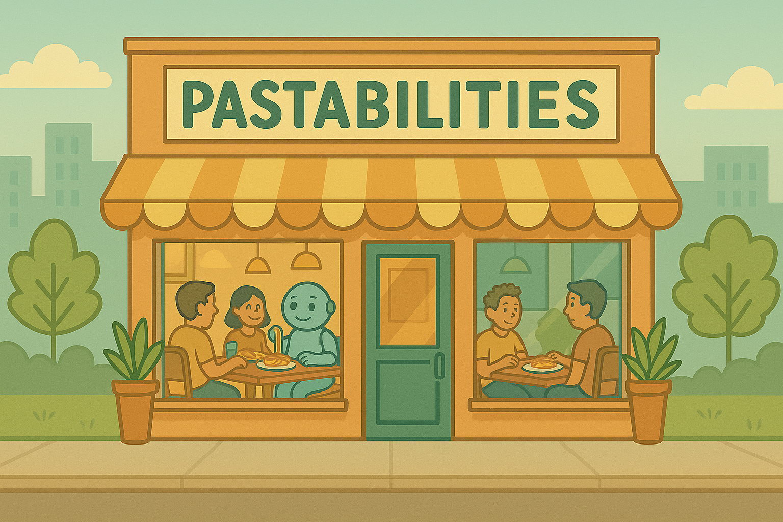Friendly robot dining with people at a pun-themed Italian restaurant called Pastabilities