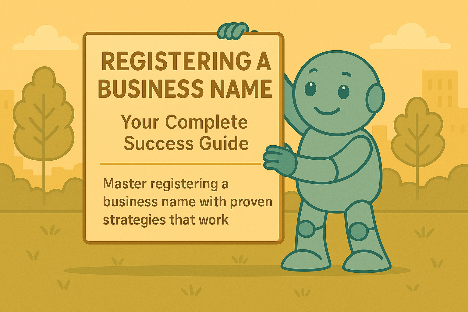 Namero holds a large sign reading “Registering a Business Name – Your Complete Success Guide” and “Master registering a business name with proven strategies that work” – symbolizing step-by-step guidance for name registration success.