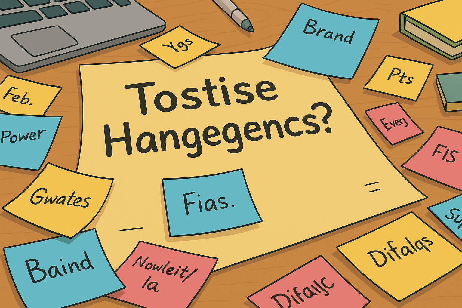 A desk is covered with colorful sticky notes showing fantasy names like “Fias.,” “Gwates,” and the central question “Tostise Hangegencs?” – a metaphor for the messy but imaginative process of brainstorming brand names.