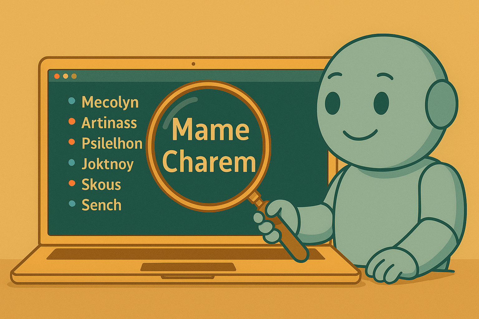 Namero holds a magnifying glass in front of a laptop screen displaying a list of imaginative name ideas. “Mame Charem” is highlighted – representing the search for the perfect brand name.