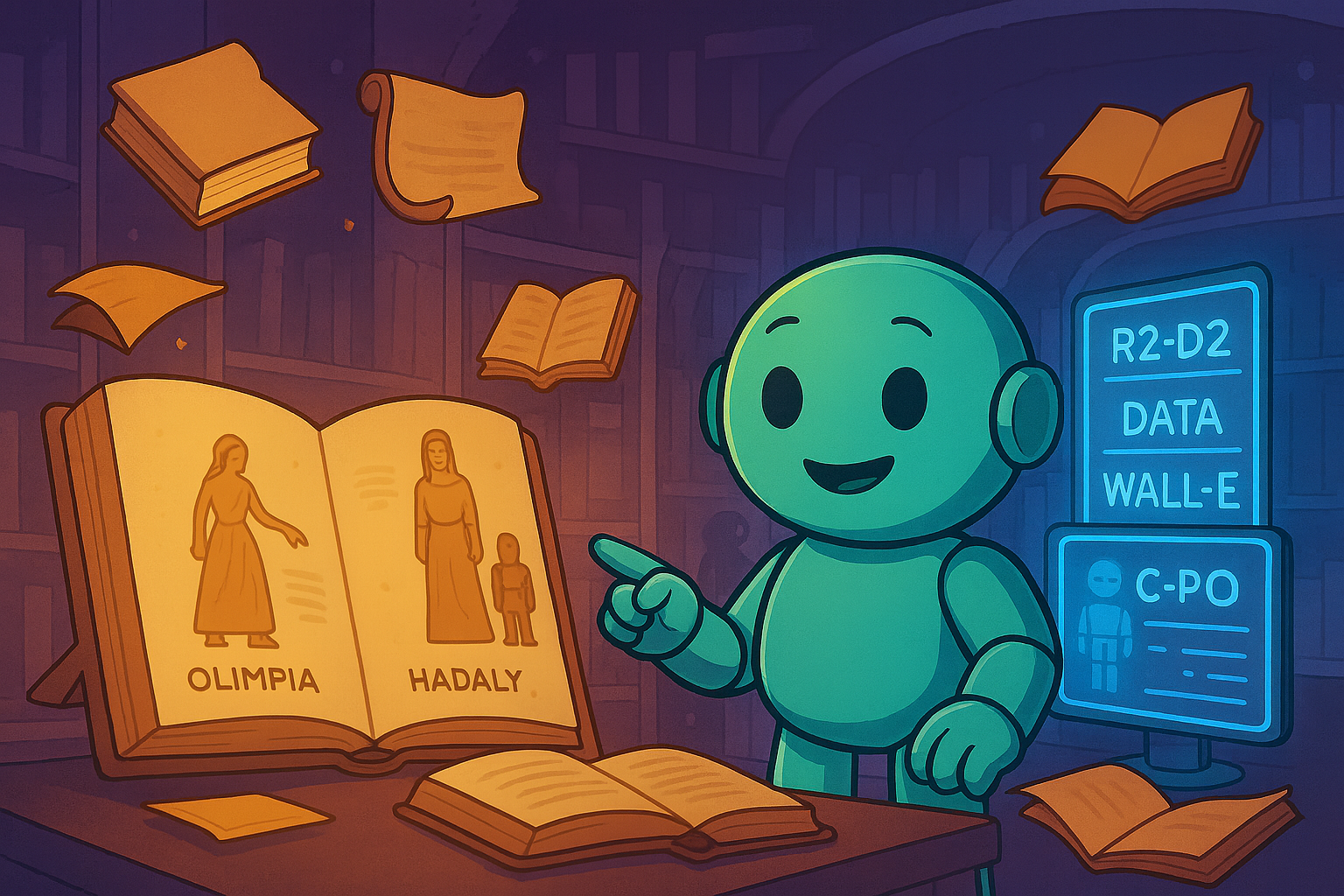 Namero, the NameRobot mascot, stands in a library with an open book showing the robot names ‘Olimpia’ and ‘Hadaly’. Floating books surround him, while a screen displays famous robot names such as R2-D2, Data, WALL·E, and C-3PO.