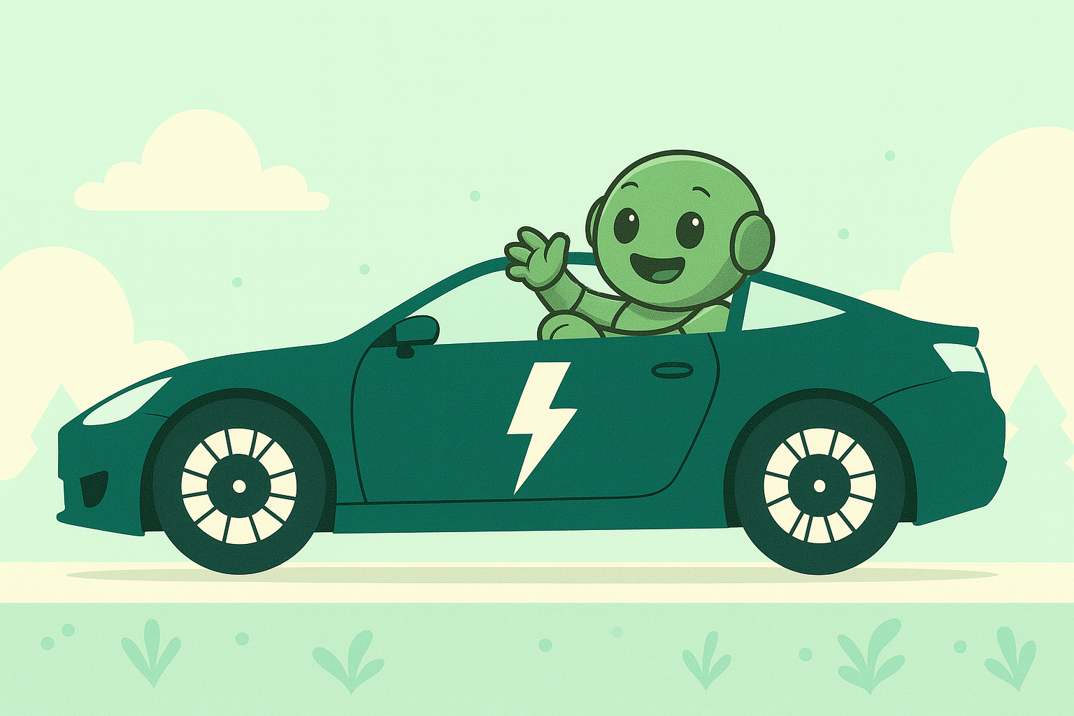 Namero cheerfully waving from a dark green electric car with a lightning bolt symbol – driving on a sustainable journey.