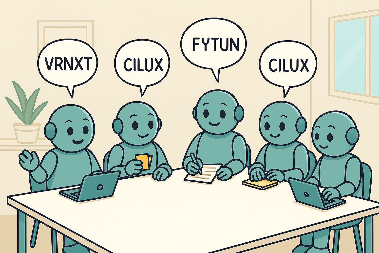 Five Namero robots sit at a table with laptops, coffee, and notepads. They propose fantasy names like “VRNXT,” “CILUX,” and “FYTUN” – a playful depiction of a creative name brainstorming session.