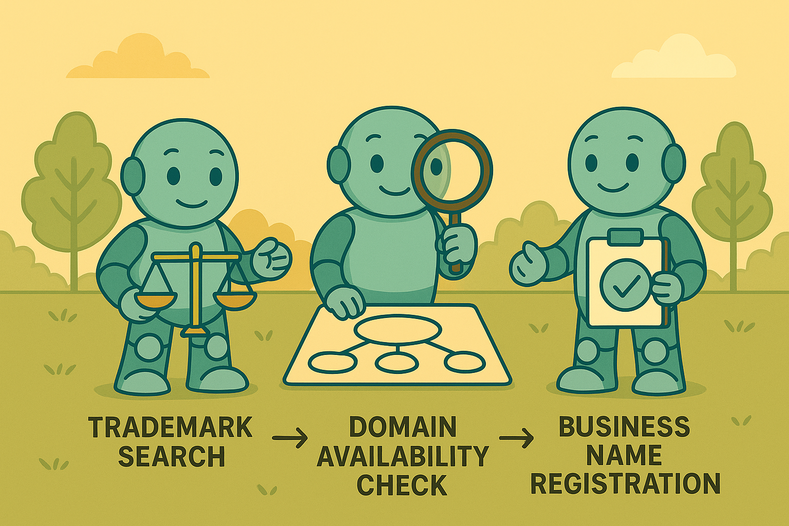 Three Namero robots illustrate the naming process: “Trademark Search” with a scale, “Domain Availability Check” with a magnifying glass, and “Business Name Registration” with a checklist – a clear path to secure your brand name.