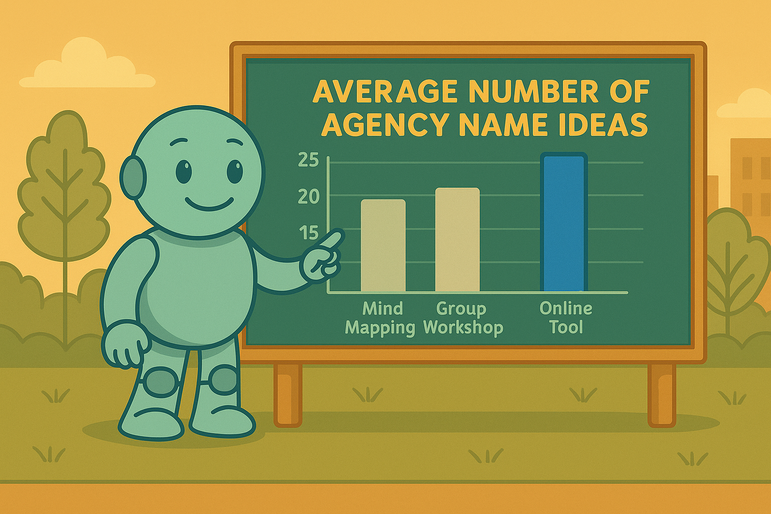 Namero stands beside a chalkboard showing a bar chart with average agency name ideas: Mind Mapping (15), Group Workshop (17), Online Tool (25) – illustrating the effectiveness of digital naming tools.