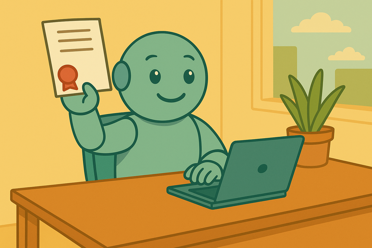Namero sits at a desk with a laptop and proudly holds up a certificate with a red seal – symbolizing the successful completion of a trademark or business name registration.