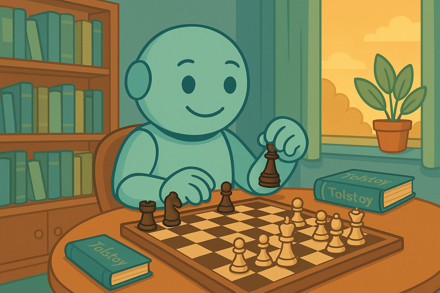 Namero sits at a chessboard in a cozy library setting, moving a piece while surrounded by books labeled “Tolstoy” – blending strategic thinking with literary atmosphere.