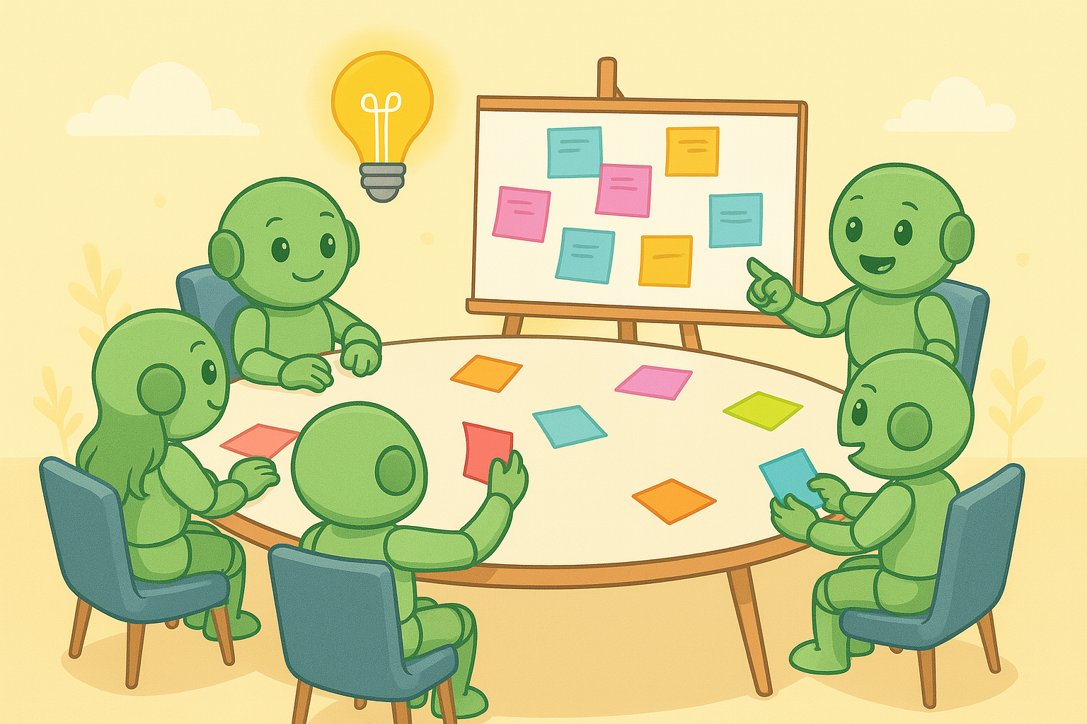 Five Nameros sit around a round table using colorful sticky notes, while another points at a whiteboard full of ideas – a scene of creative brainstorming.