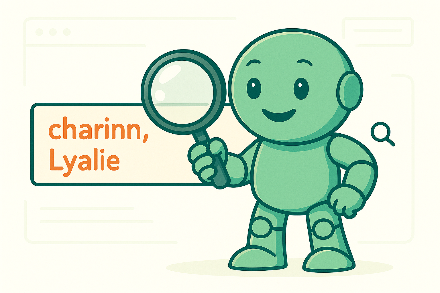 Namero holds a magnifying glass and inspects a search field containing the names “charinn, Lyalie” – representing the verification of name ideas for availability or conflicts.
