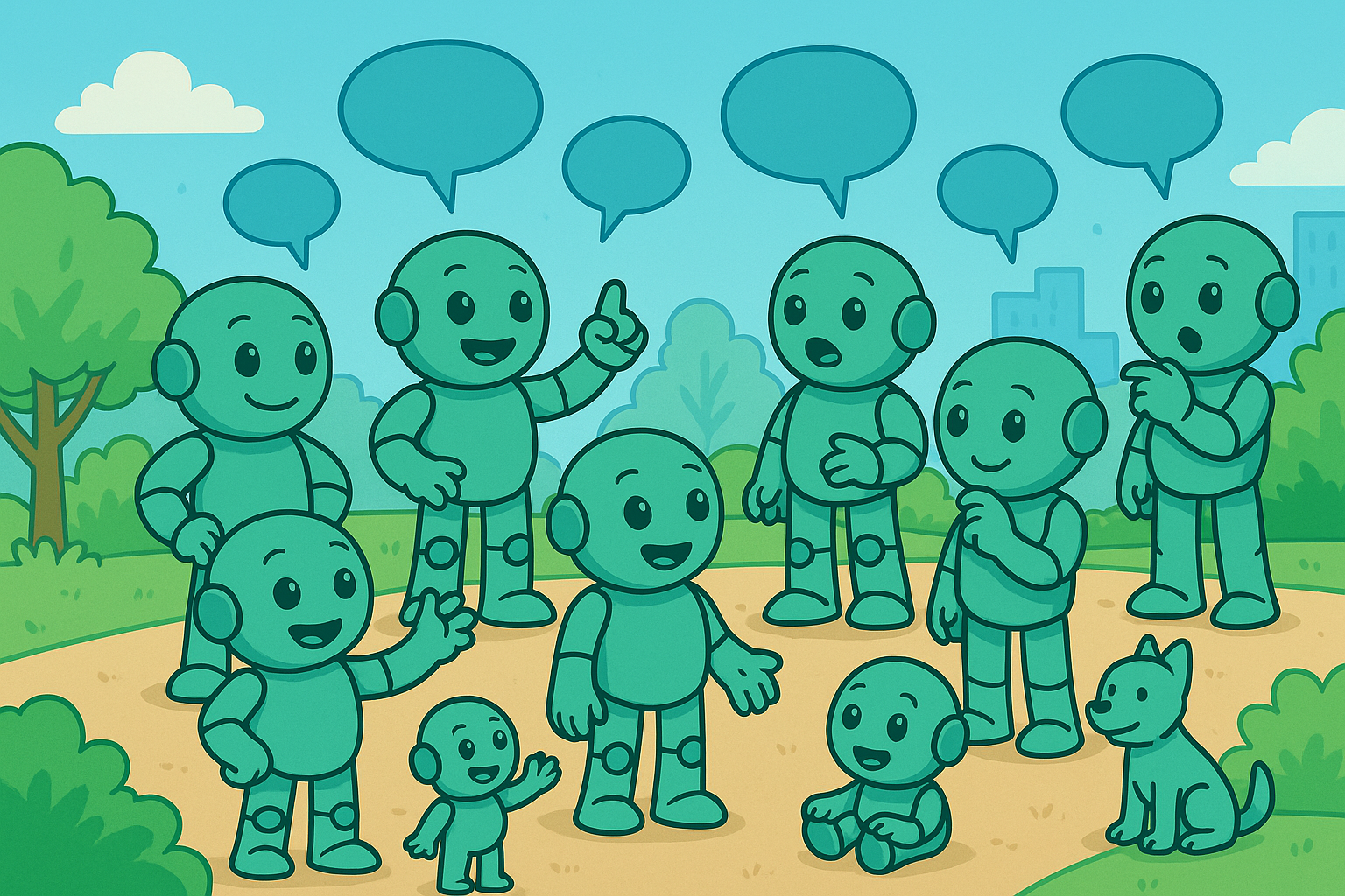 Illustration with multiple Namero characters standing in a park, engaging in conversation. Empty speech bubbles appear above them. A small Namero and a dog are also part of the scene.