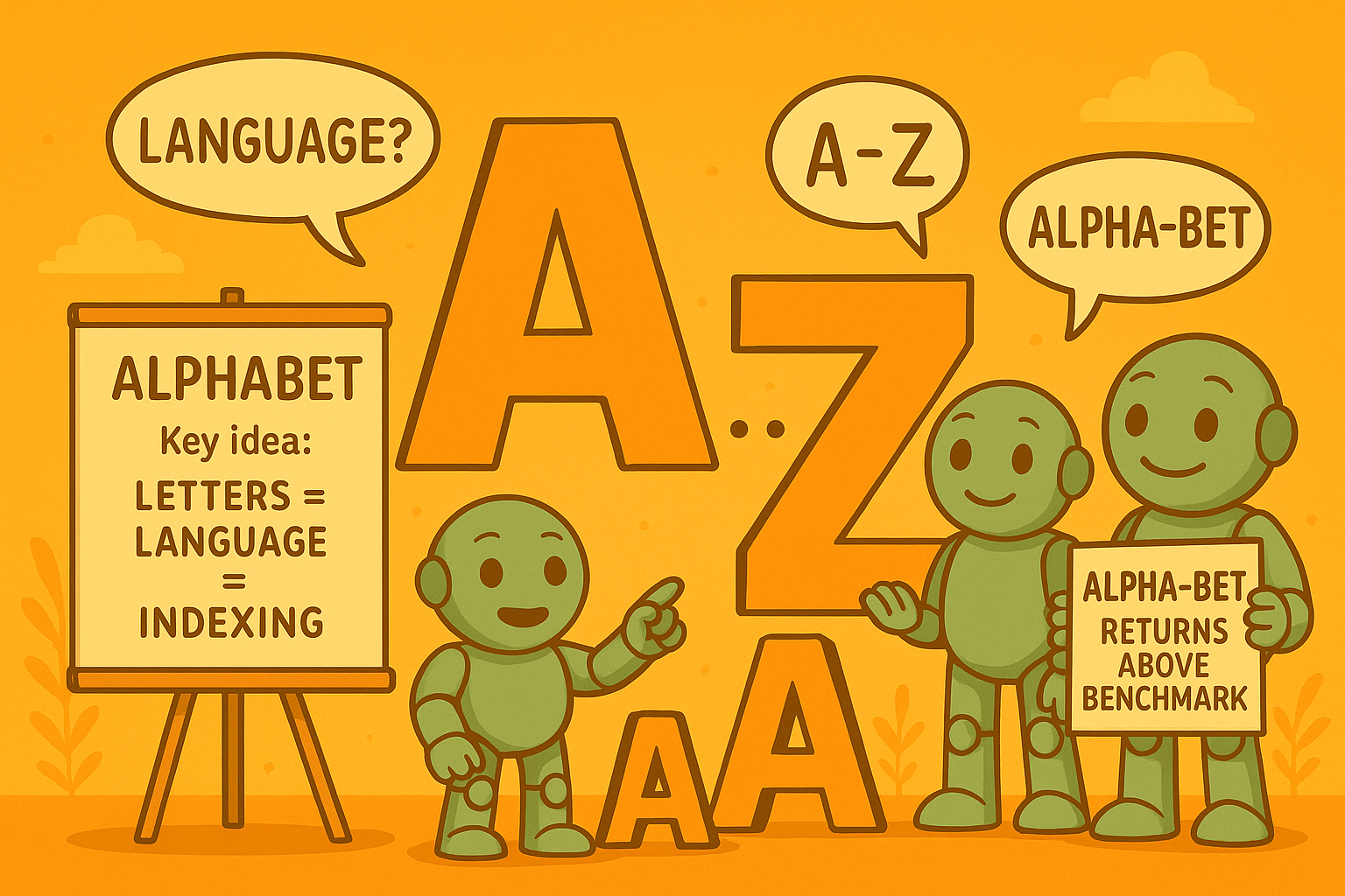 Nameros present large A to Z letters and a flipchart reading “Letters=Language=Indexing”. Speech bubbles highlight “Language?”, “A–Z”, and “Alpha-Bet Returns Above Benchmark” – illustrating the strategic reasoning behind Google’s naming decision.