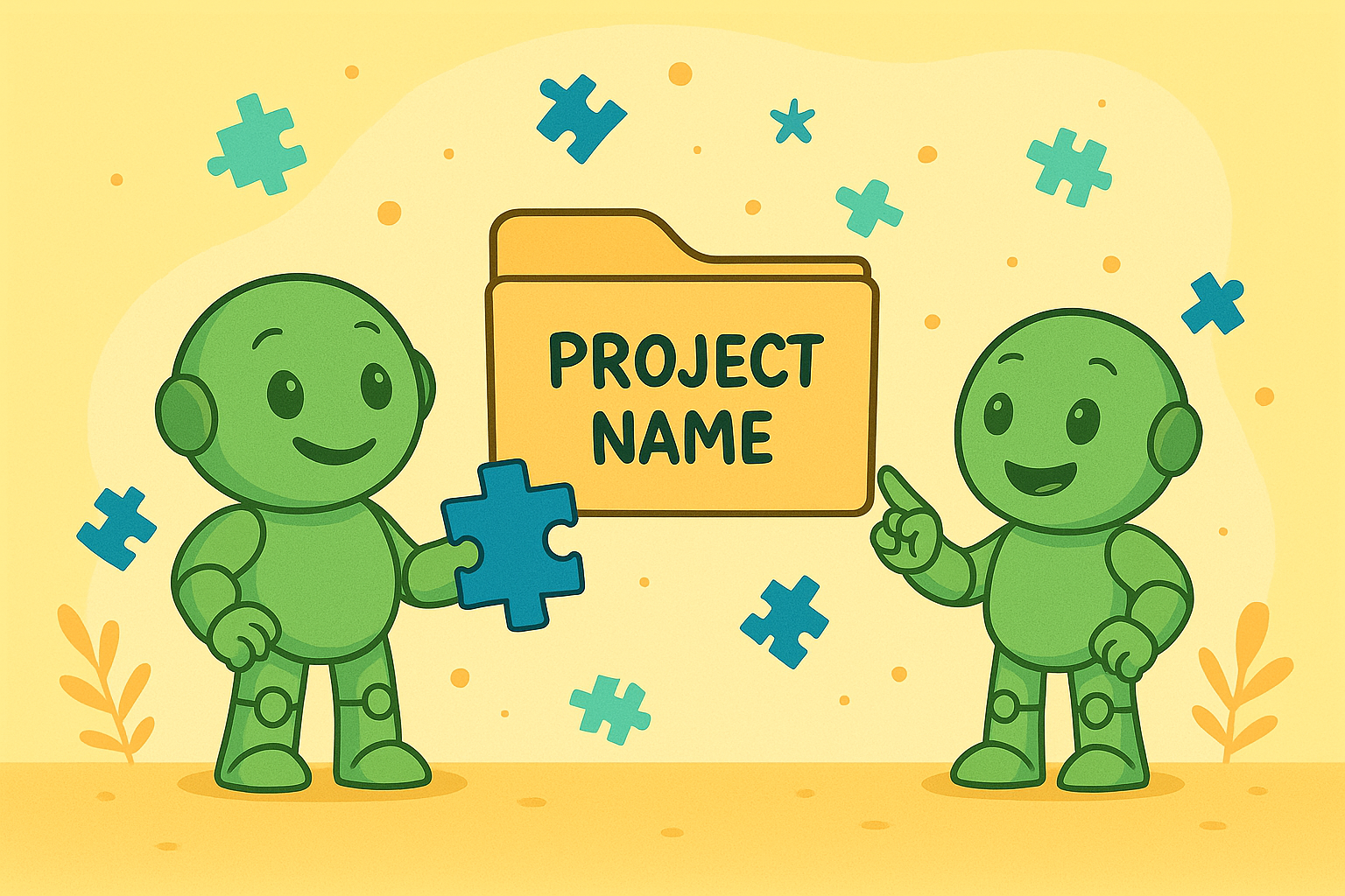 Two green Namero robots stand in front of a folder labeled “Project Name.” One holds a puzzle piece, the other points to it. Puzzle pieces float around them. The image represents the process of finding the right name for a project.