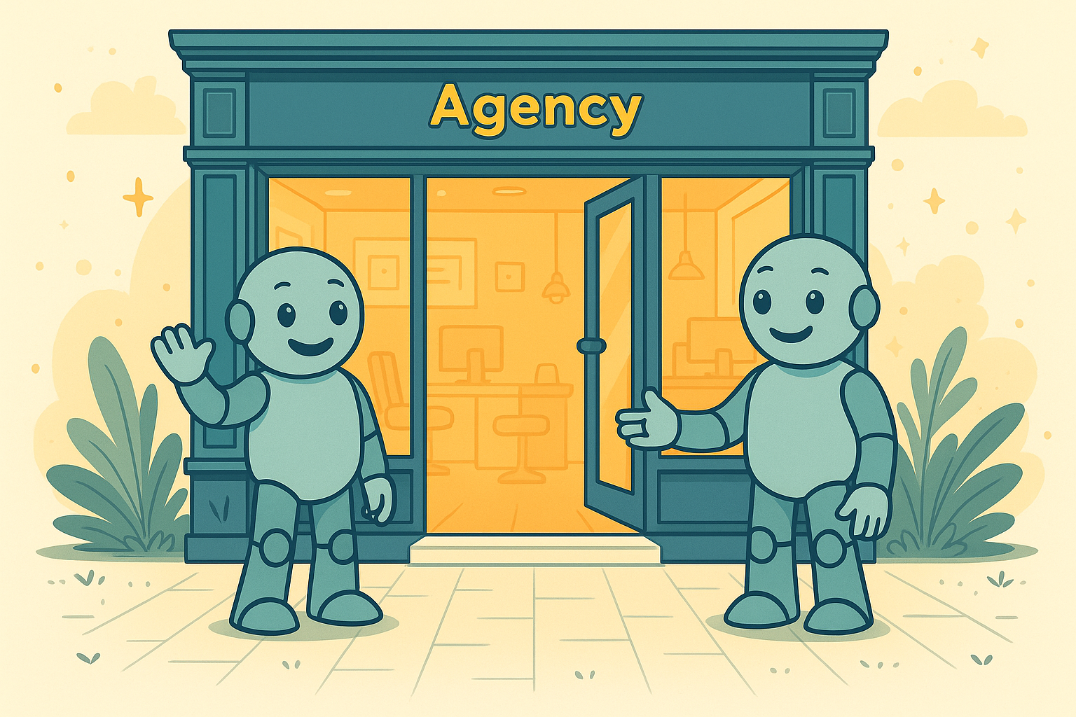Two Namero robots stand in front of a stylish agency entrance labeled “Agency.” One waves while the other gestures in greeting – symbolizing openness, consulting, and brand development.