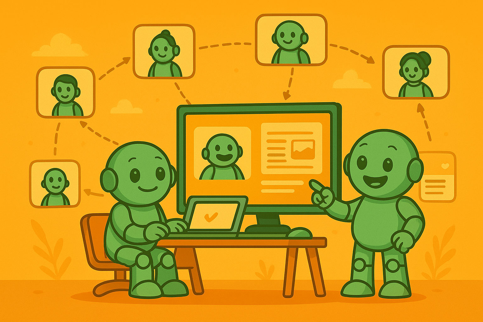 Two Nameros work together on a computer, with team members shown in connected profile images in the background – symbolizing collaborative name development.