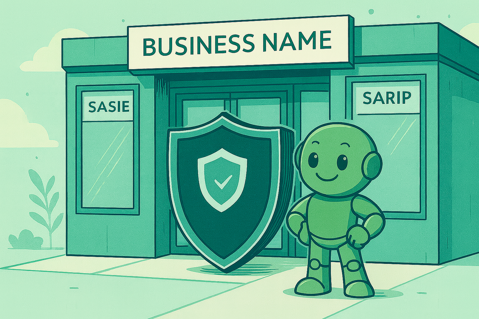 Namero stands in front of a building labeled “Business Name” with a large shield – symbolizing the legal protection of company names.