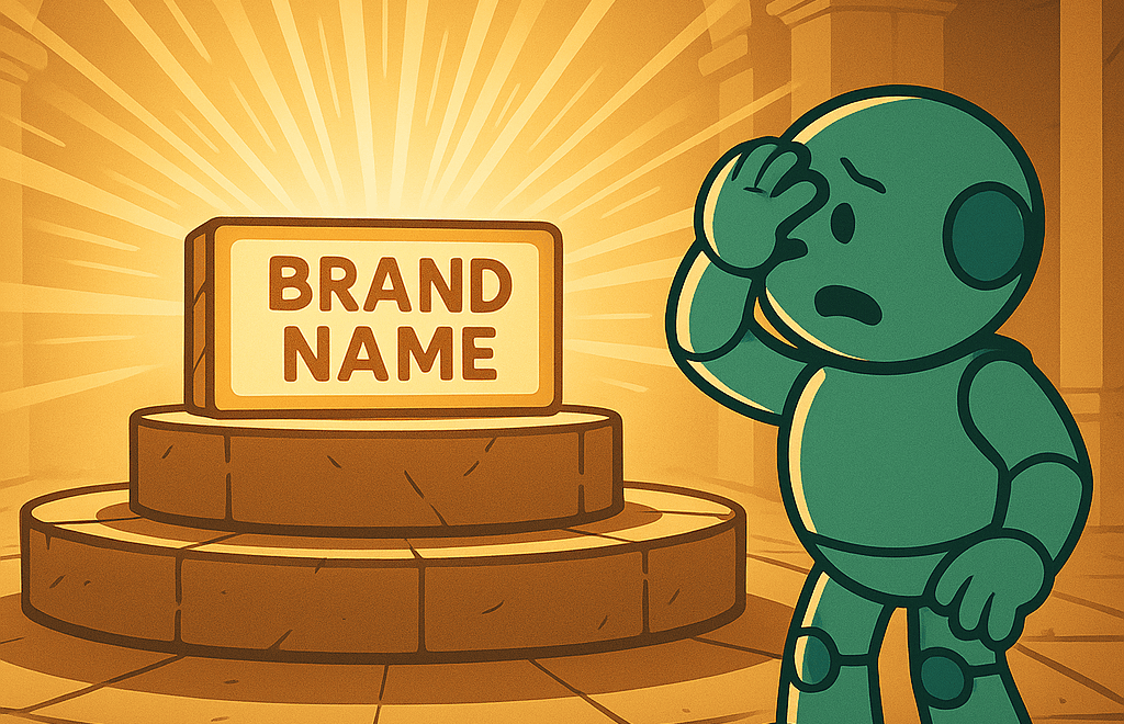 Namero stands thoughtfully in front of a glowing pedestal labeled “Brand Name” inside a grand hall – symbolizing the awe-inspiring challenge of choosing the perfect name.