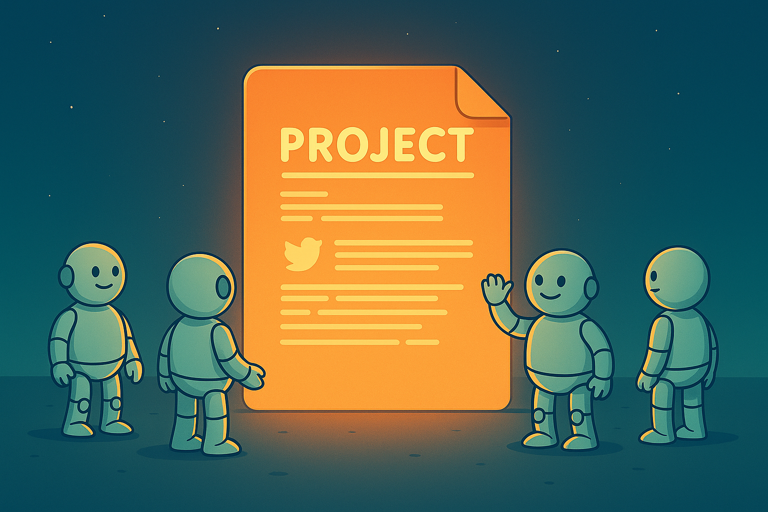 Five Namero robots stand in a circle around a large glowing document titled “PROJECT” under a night sky – a striking representation of launching, presenting, or envisioning an important project.