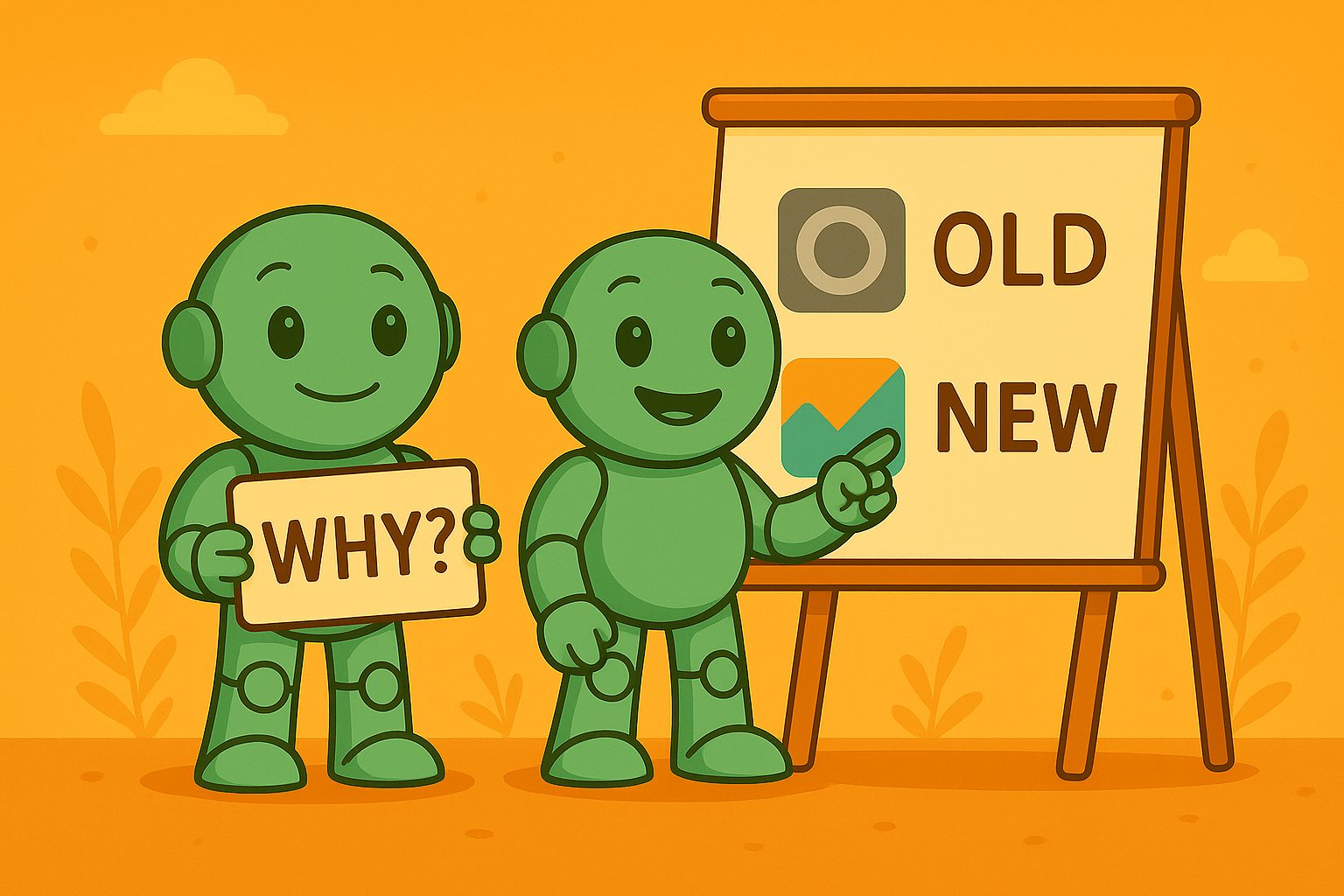 Two Nameros in front of a flipchart with old and new logos – one holds a “WHY?” sign, the other points to the new design – symbolizing a company or brand name change.