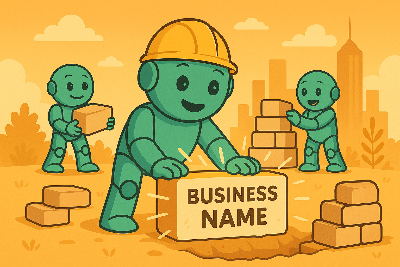 Three Namero robots stack building blocks. The central robot wearing a construction helmet places a large brick labeled “Business Name.”