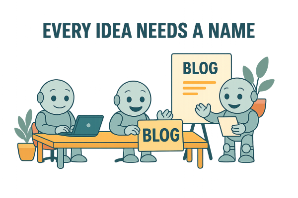 Three robots collaborate on naming a blog project using NameRobot tools