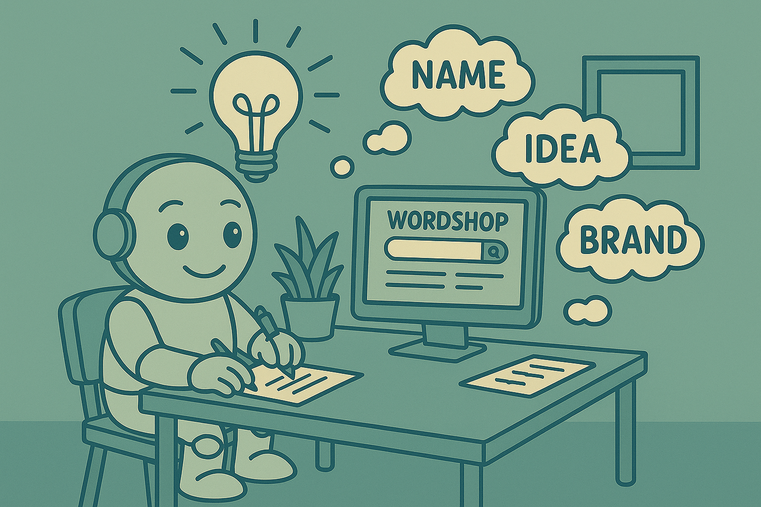 A cheerful Namero-style robot sits at a desk writing down creative name ideas. A glowing light bulb hovers above its head, and a computer screen displays the “Wordshop” tool. Around the robot, speech bubbles with words like “Name,” “Idea,” and “Brand” float – symbolizing solo digital brainstorming.