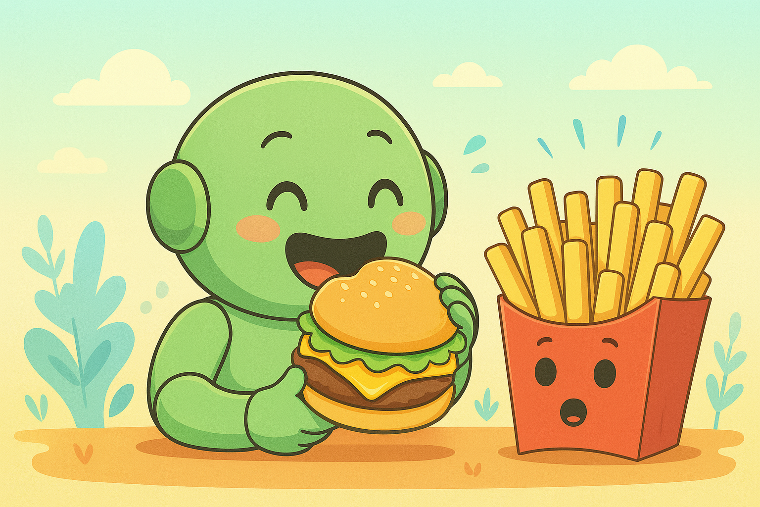 Namero happily biting into a large burger while a box of fries watches in surprise – humorous snack duo scene.