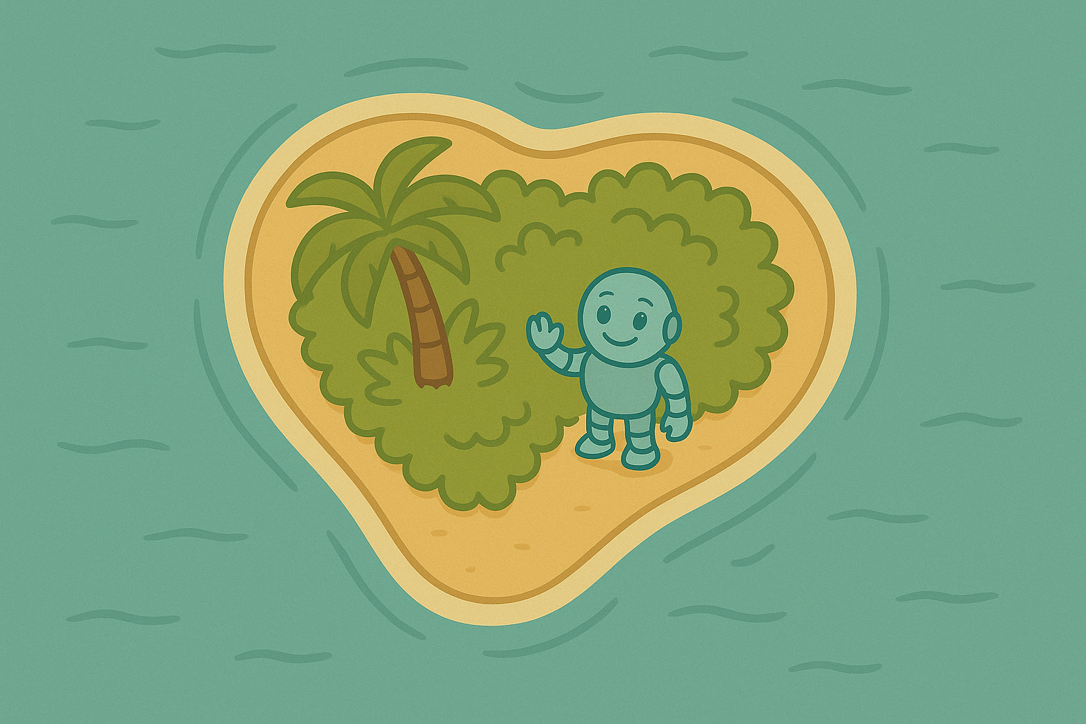 Namero the robot waves from a tiny tropical island with a palm tree, surrounded by ocean – a metaphor for finding creative name ideas in solitude.